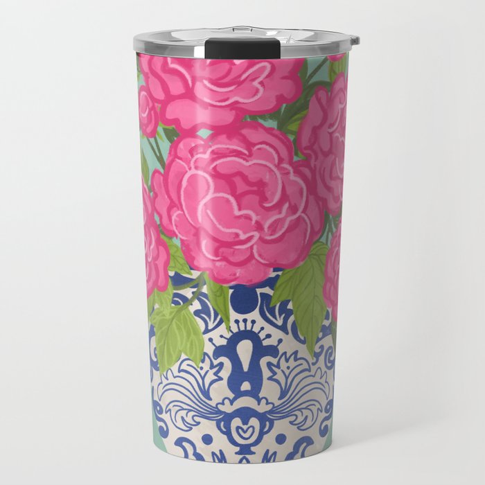 Pink Peonies in Ginger Jar Vase Travel Mug Gallery Image 1