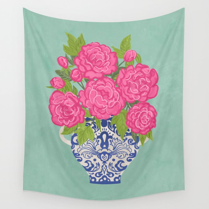 Pink Peonies in Ginger Jar Vase Wall Tapestry Gallery Image 1