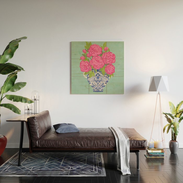 Pink Peonies in Ginger Jar Vase Wood Wall Art Gallery Image 2