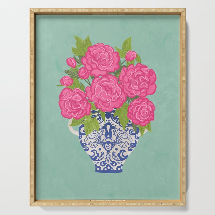 Pink Peonies in Ginger Jar Vase Serving Tray Gallery Image 1