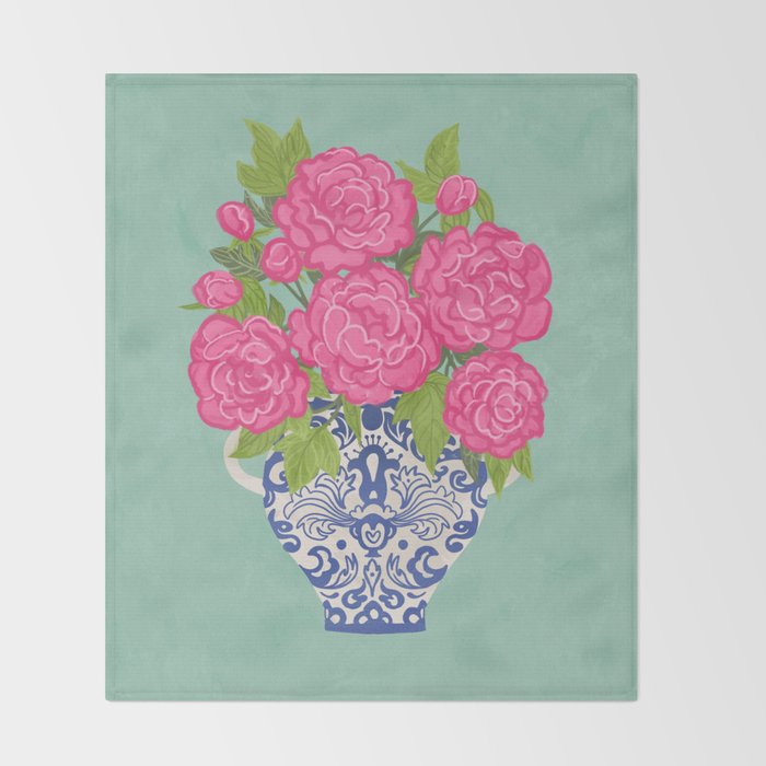 Pink Peonies in Ginger Jar Vase Throw Blanket Gallery Image 2