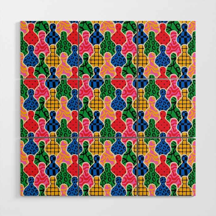 Colorful diverse people crowd art pattern Wood Wall Art Gallery Image 1