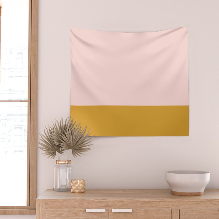 Pale Pink and Honey Mustard Minimalist Color Block Solid Wall Tapestry Gallery Image 2