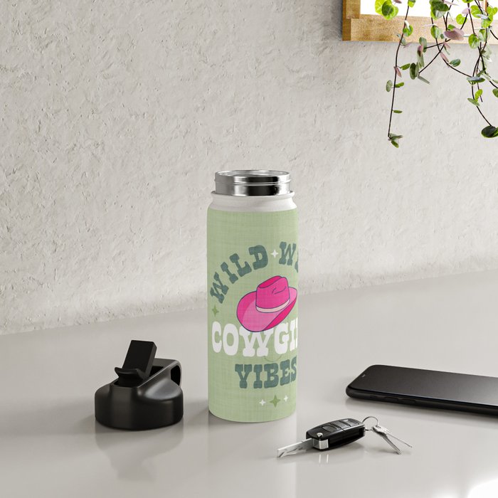 Wild-West Cowgirl Vibes with Hat Typography Pink and Green Water Bottle Gallery Image 4