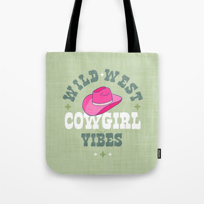 Wild-West Cowgirl Vibes with Hat Typography Pink and Green Tote Bag Gallery Image 1