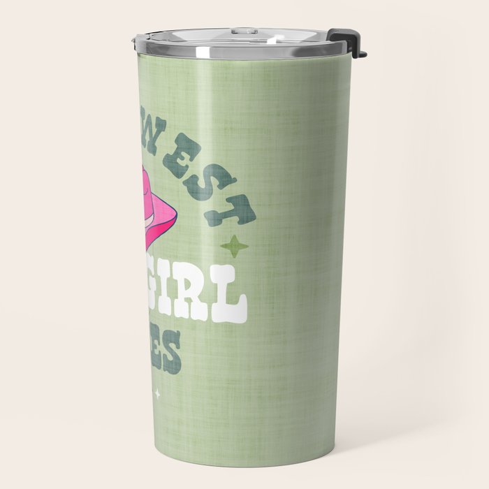 Wild-West Cowgirl Vibes with Hat Typography Pink and Green Travel Mug Gallery Image 2