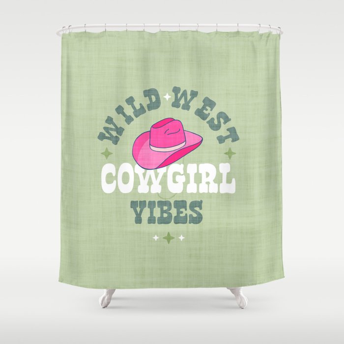 Wild-West Cowgirl Vibes with Hat Typography Pink and Green Shower Curtain Gallery Image 1