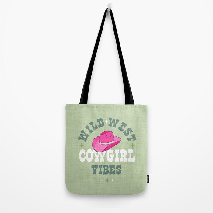 Wild-West Cowgirl Vibes with Hat Typography Pink and Green Tote Bag Gallery Image 2