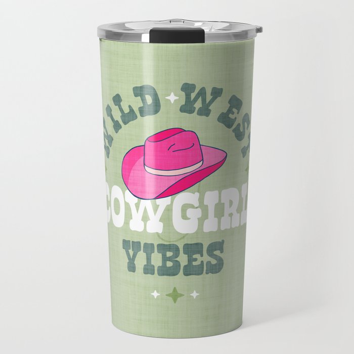 Wild-West Cowgirl Vibes with Hat Typography Pink and Green Travel Mug Gallery Image 1