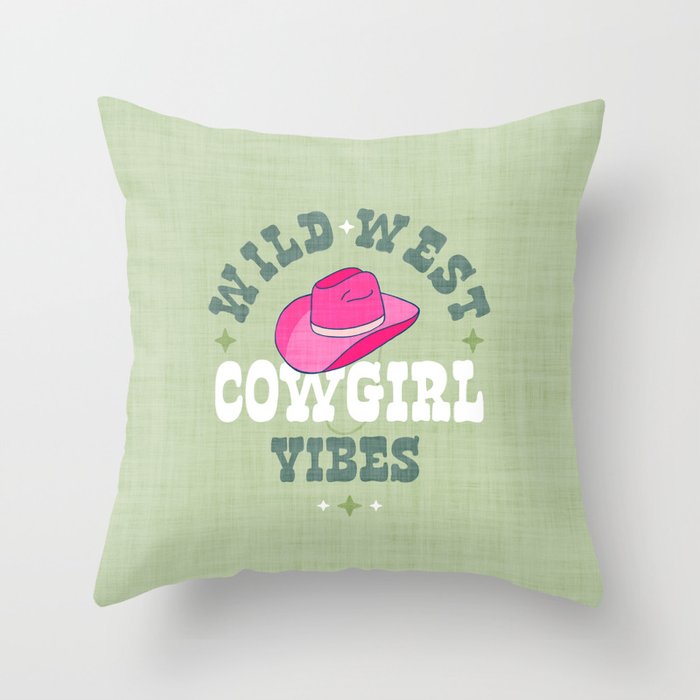 Wild-West Cowgirl Vibes with Hat Typography Pink and Green Throw Pillow Gallery Image 1