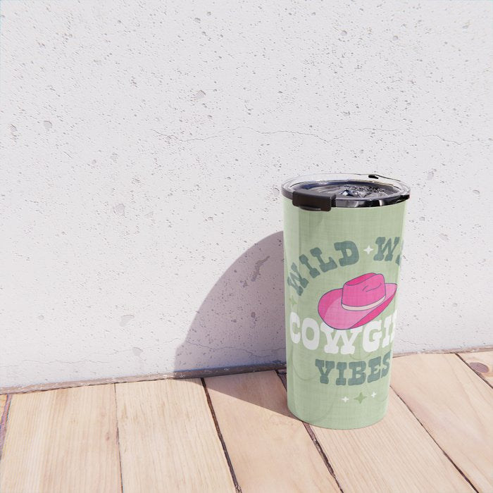 Wild-West Cowgirl Vibes with Hat Typography Pink and Green Travel Mug Gallery Image 4