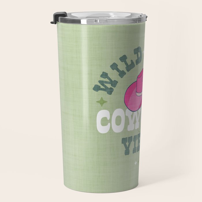 Wild-West Cowgirl Vibes with Hat Typography Pink and Green Travel Mug Gallery Image 3
