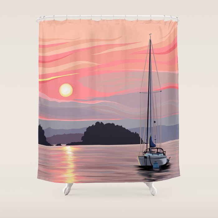 Smooth Sailboat Sunset Shower Curtain Gallery Image 1