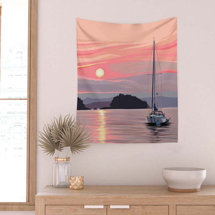 Smooth Sailboat Sunset Wall Tapestry Gallery Image 2