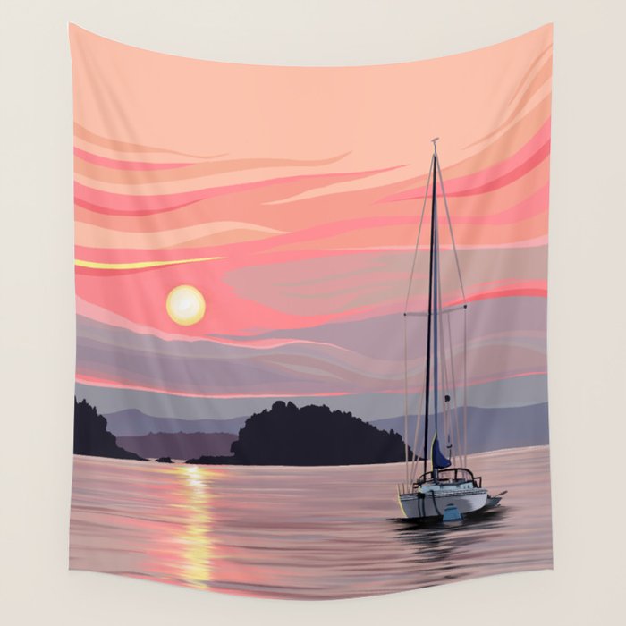 Smooth Sailboat Sunset Wall Tapestry Gallery Image 4