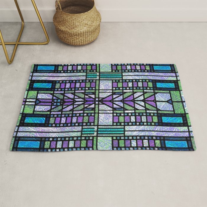 Aqua and Green Art Deco Stained Glass Design Rug Gallery Image 1