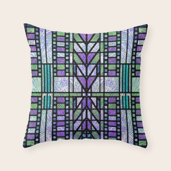 Aqua and Green Art Deco Stained Glass Design Throw Pillow Gallery Image 6