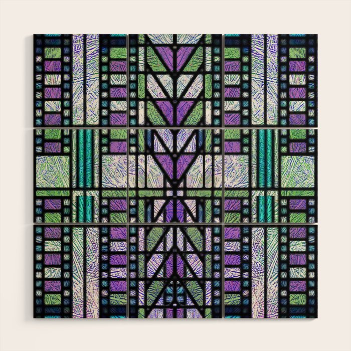 Aqua and Green Art Deco Stained Glass Design Wood Wall Art Gallery Image 1
