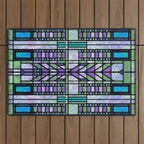 Aqua and Green Art Deco Stained Glass Design Outdoor Rug Gallery Image 1