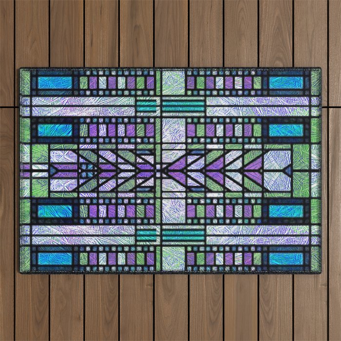 Aqua and Green Art Deco Stained Glass Design Outdoor Rug Gallery Image 1
