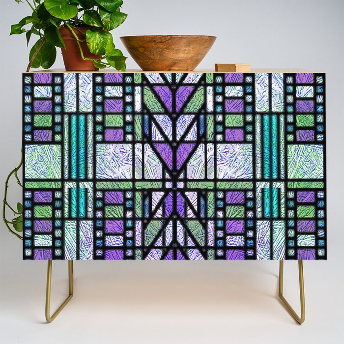 Aqua and Green Art Deco Stained Glass Design Credenza Gallery Image 1