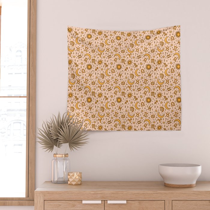 Zodiac Sun and Star Print in Cream Wall Tapestry Gallery Image 2