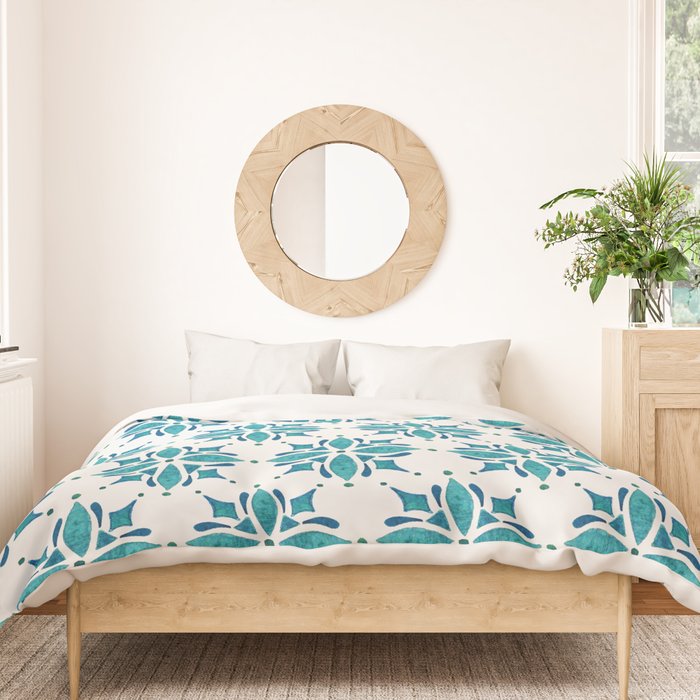 Teal Watercolor Tile Pattern Duvet Cover Gallery Image 3