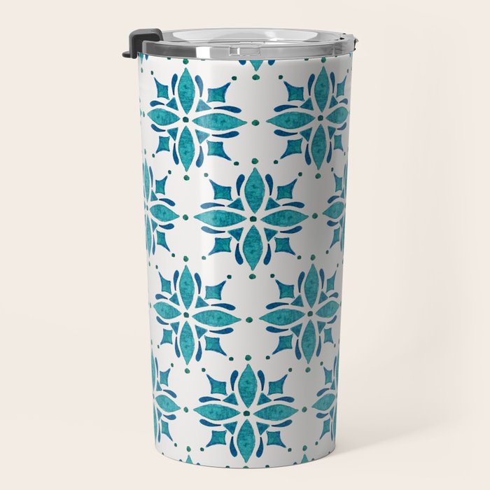 Teal Watercolor Tile Pattern Travel Mug Gallery Image 3