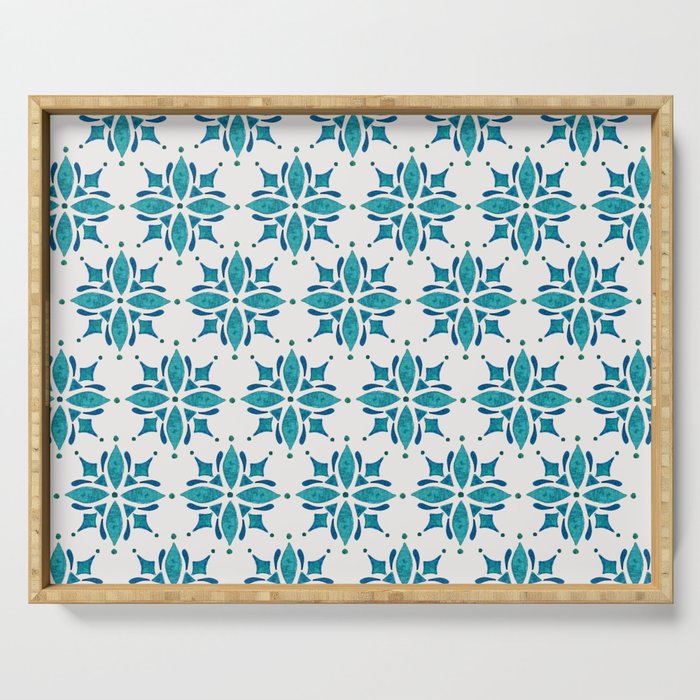 Teal Watercolor Tile Pattern Serving Tray Gallery Image 1