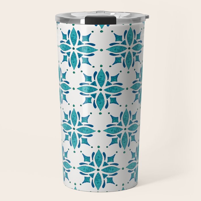 Teal Watercolor Tile Pattern Travel Mug Gallery Image 1