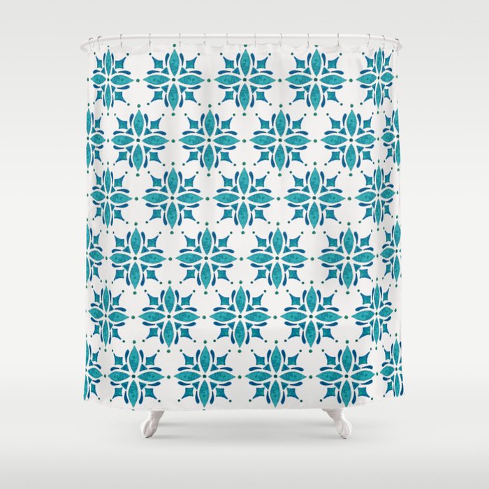 Teal Watercolor Tile Pattern Shower Curtain Gallery Image 1