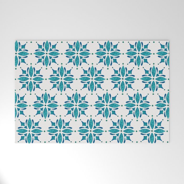 Teal Watercolor Tile Pattern Welcome Mat Gallery Image 1