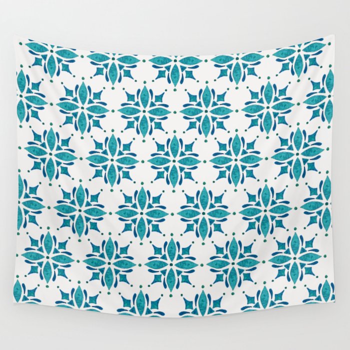 Teal Watercolor Tile Pattern Wall Tapestry Gallery Image 4