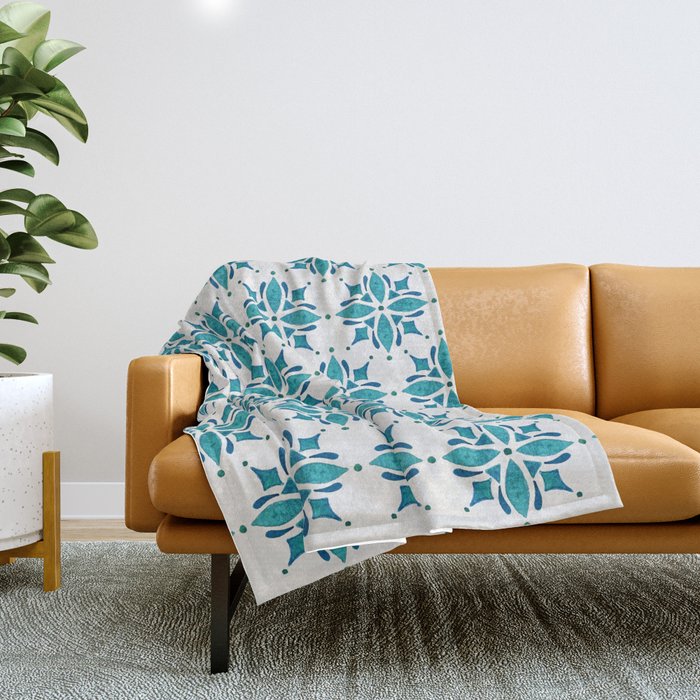 Teal Watercolor Tile Pattern Throw Blanket Gallery Image 1