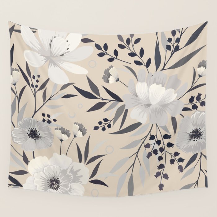Modern, Boho, Floral Prints, Beige, Gray and White Wall Tapestry Gallery Image 1