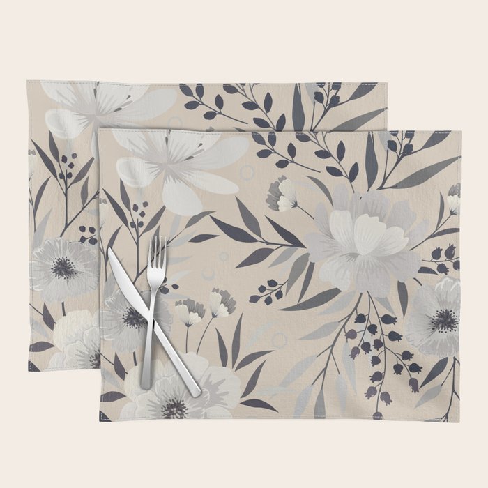 Modern, Boho, Floral Prints, Beige, Gray and White Placemat Gallery Image 1