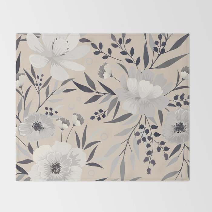 Modern, Boho, Floral Prints, Beige, Gray and White Throw Blanket Gallery Image 2