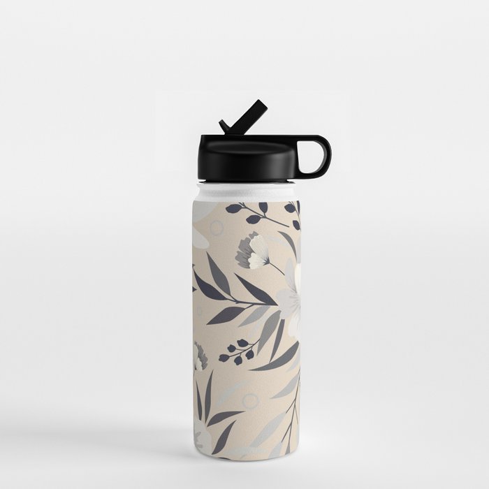 Modern, Boho, Floral Prints, Beige, Gray and White Water Bottle Gallery Image 1