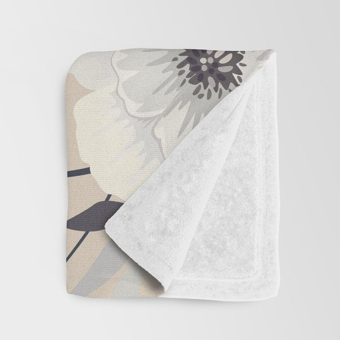 Modern, Boho, Floral Prints, Beige, Gray and White Throw Blanket Gallery Image 3