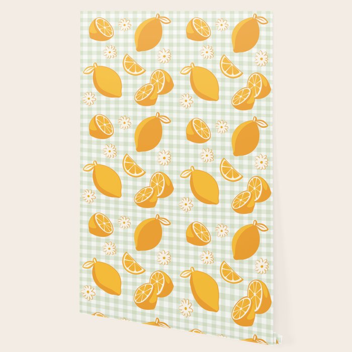 Lemons on Pastel Sage Green Gingham Wallpaper Gallery Image 2