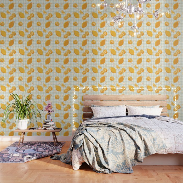 Lemons on Pastel Sage Green Gingham Wallpaper Gallery Image 3