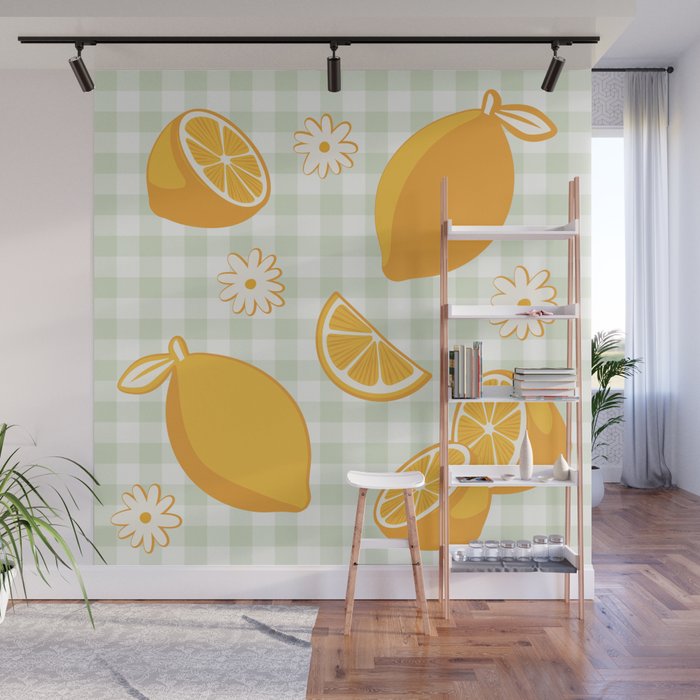 Lemons on Pastel Sage Green Gingham Wall Mural Gallery Image 1