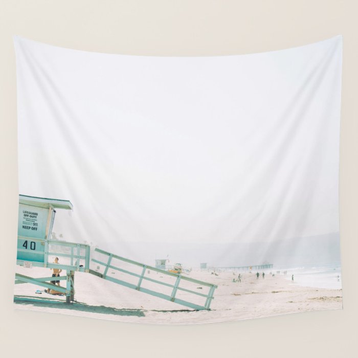 lifeguard station print, printable beach art, beach print, surf art, California print, turquoise Wall Tapestry Gallery Image 1