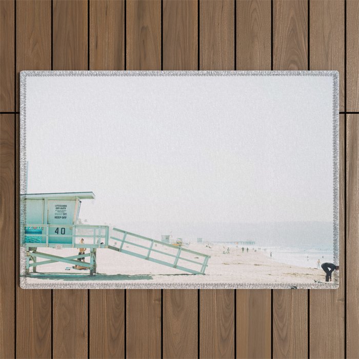 lifeguard station print, printable beach art, beach print, surf art, California print, turquoise Outdoor Rug Gallery Image 1