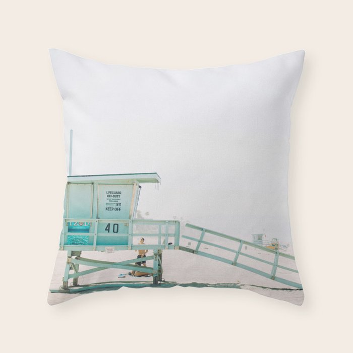 lifeguard station print, printable beach art, beach print, surf art, California print, turquoise Throw Pillow Gallery Image 6