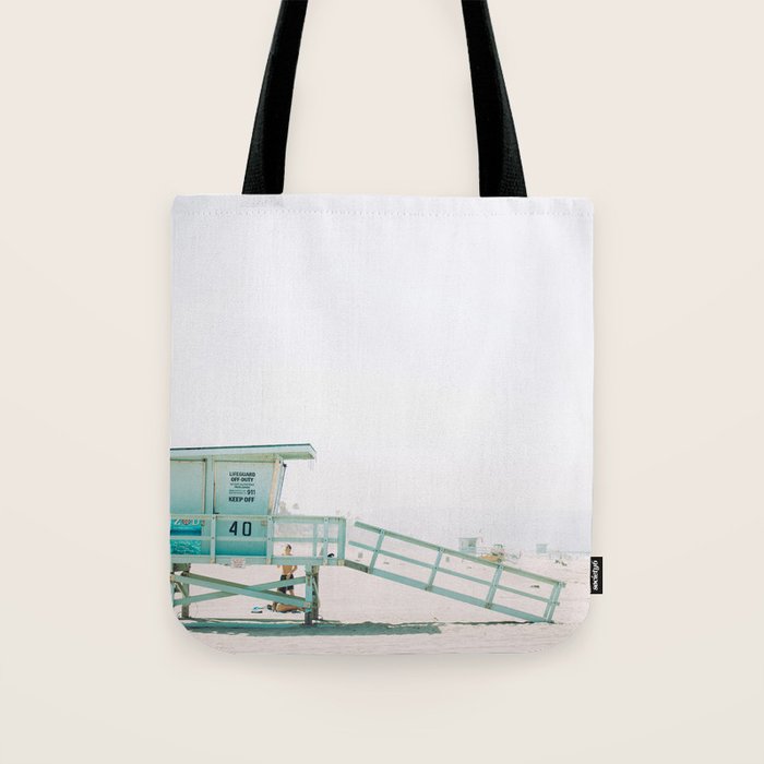 lifeguard station print, printable beach art, beach print, surf art, California print, turquoise Tote Bag Gallery Image 1