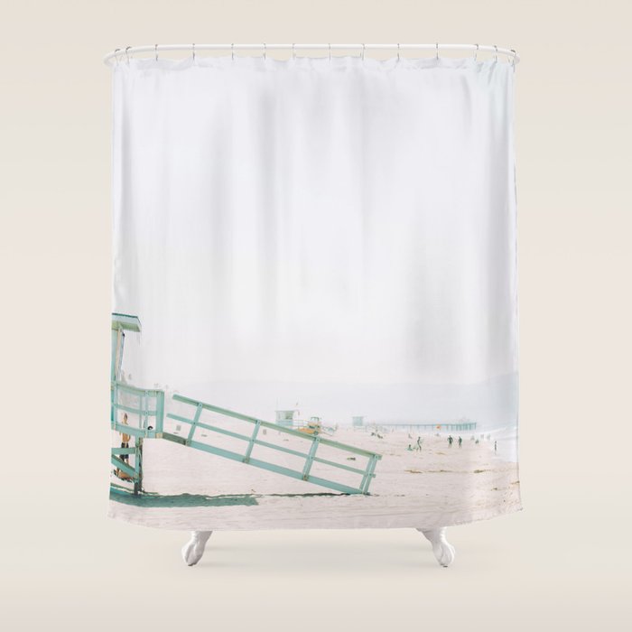 lifeguard station print, printable beach art, beach print, surf art, California print, turquoise Shower Curtain Gallery Image 1
