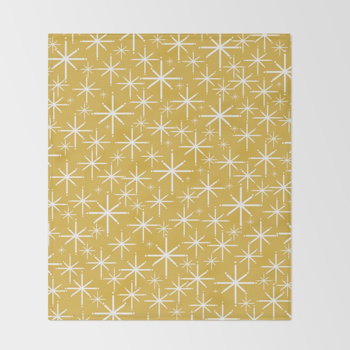 Twinkling Starbursts Mid Century Modern Pattern in Light Mustard Yellow and White Throw Blanket Gallery Image 2