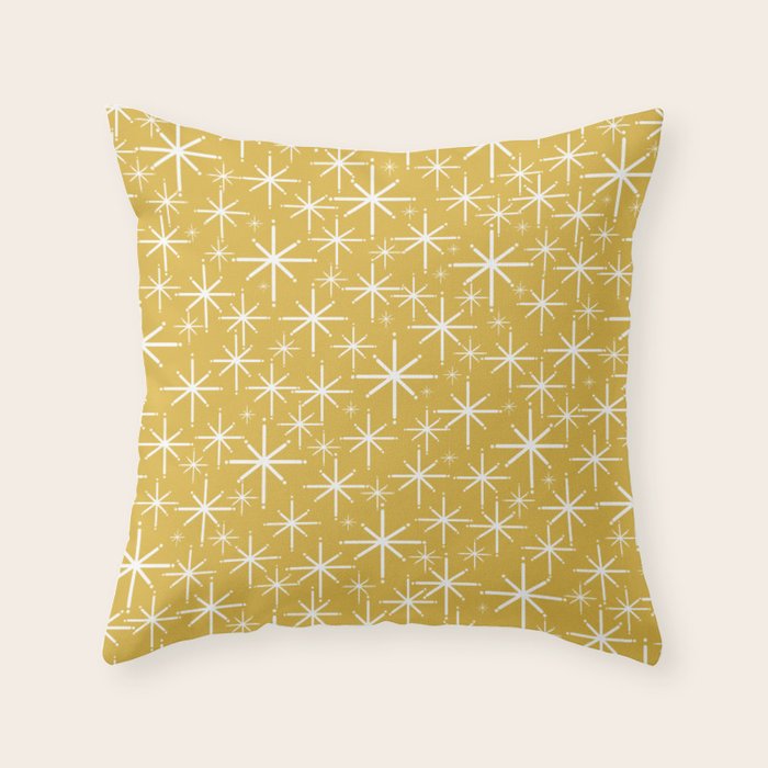 Twinkling Starbursts Mid Century Modern Pattern in Light Mustard Yellow and White Throw Pillow Gallery Image 1