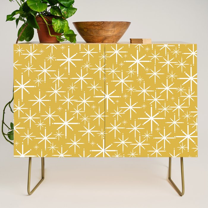 Twinkling Starbursts Mid Century Modern Pattern in Light Mustard Yellow and White Credenza Gallery Image 1